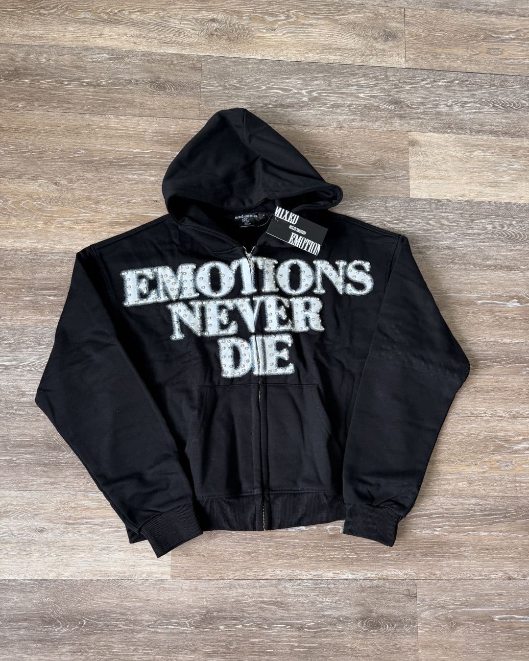 Mixed Emotion Black "End" Rhinstone Zip