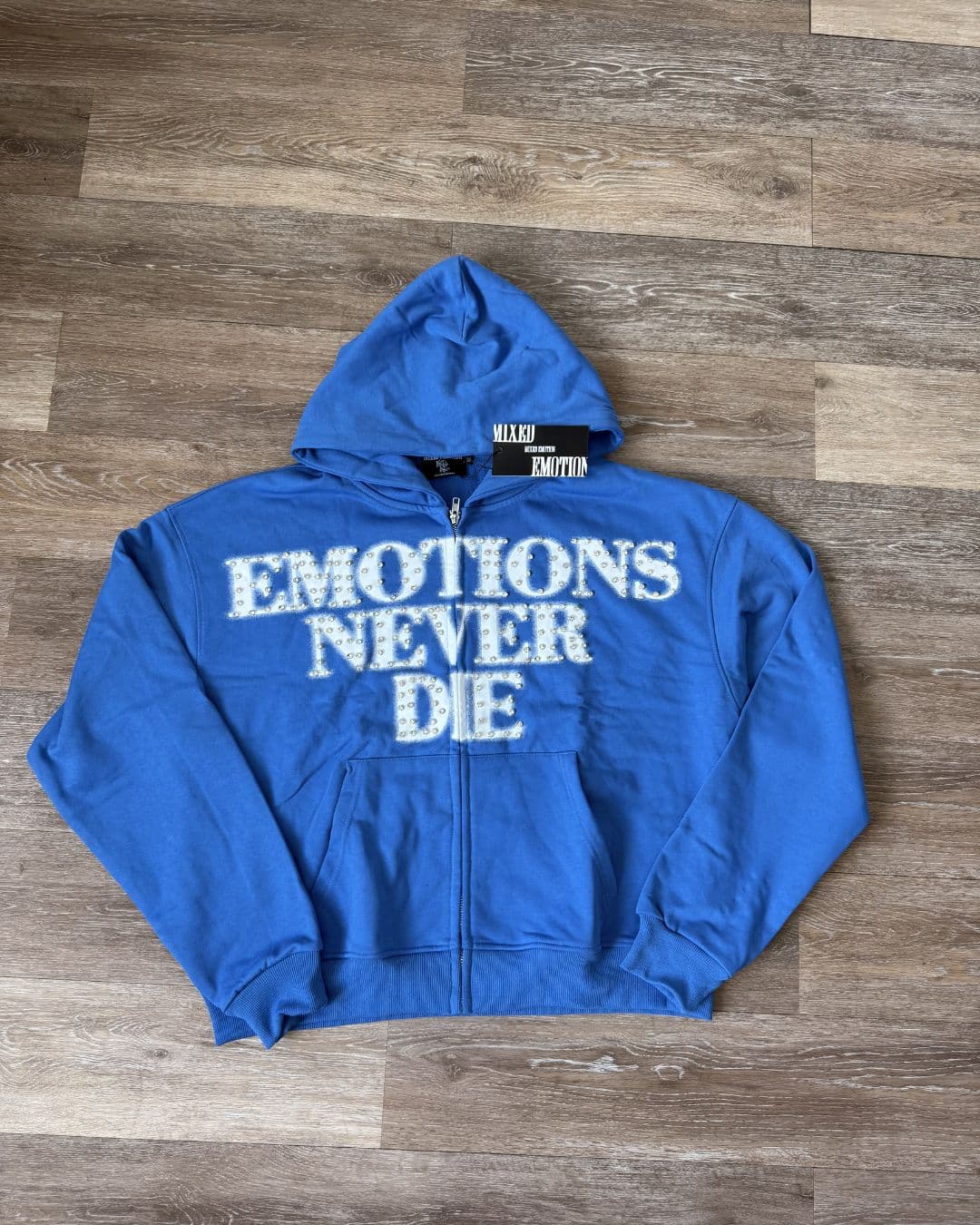 Mixed Emotion Blue "End" Rhinstone Zip